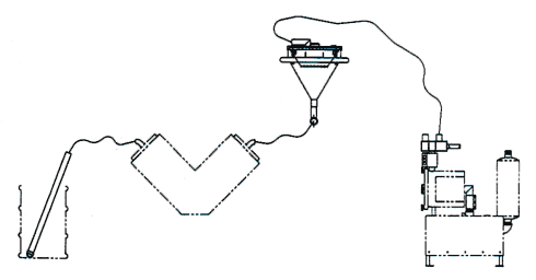 Vacuum pump powered system with material inlet on one side and suspended blender loader on the other.